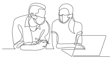continuous line drawing of two coworkers talking wearing face masks