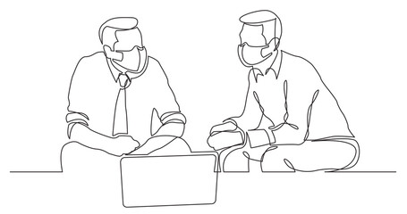 continuous line drawing of two businessmen sitting and talking wearing face masks