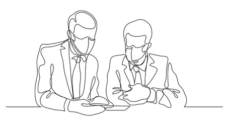 two businessmen discussing wearing face masks - continuous line drawing