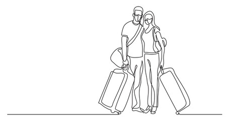 continuous line drawing of traveling couple standing with baggage and luggage wearing face masks