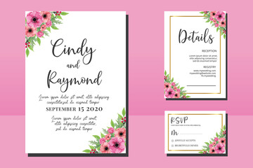 Wedding invitation frame set, floral watercolor hand drawn Anemone Flower design Invitation Card Template