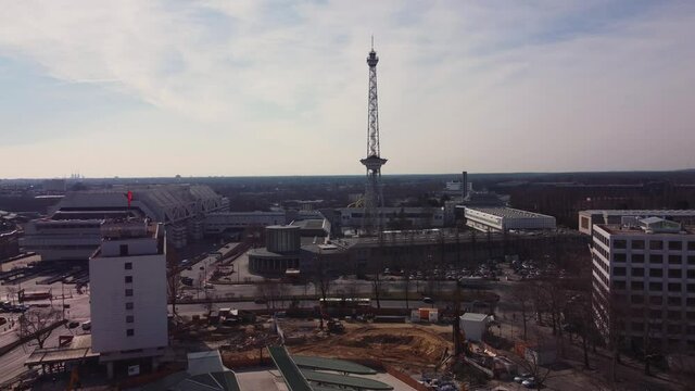 Exhibition grounds Berlin with radio tower. Amazing drone footage