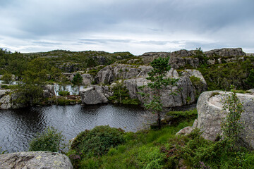 Fototapeta na wymiar Mountain tundra lakes landscape, Norway, on the way to Preikestolen