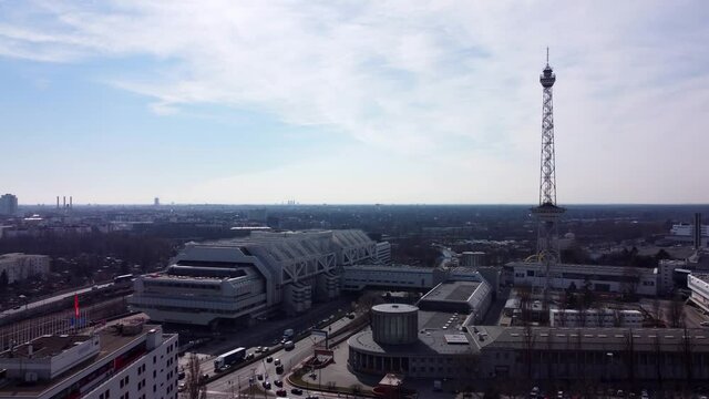 Exhibition grounds and International Conference Center Berlin with radio tower. Amazing drone footage