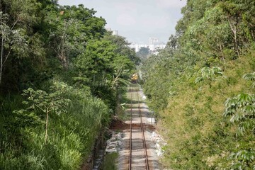 Vista de trem de carga da MRS em movimento na cidade com containers carregado de minério de ferro.
