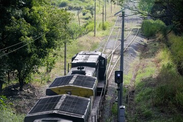 Vista de trem de carga da MRS em movimento na cidade com containers carregado de minério de ferro.