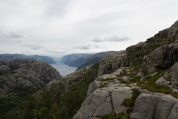 panorama from Preikestolen cliff in norway with the fjord and steep rocks