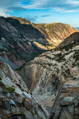 Fototapeta na wymiar jagged mountain peaks seen in Tioga Pass in Yosemite National Park, California taken during summer.