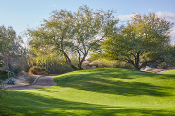 Beautifully manicured golf course with cart path rolling over green hill on a blue sky day