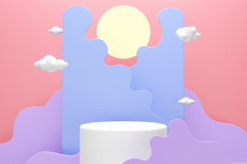 White podium whit abstract clouds and moon, Space for text or product advertising, 3d render - obrazy, fototapety, plakaty