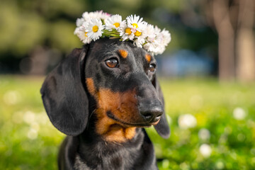 Portrait of lovely dachshund dog with beautiful flower wreath on its head in forest, front view, blurred background, copy space. Greeting postcard.