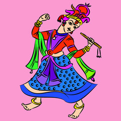 Gopika or Sevika, lord's servant's drawn in Indian folk art form Kalamkari, for textile printing, coloring book, textile/ fabric prints, phone case, greeting card. logo, calendar