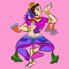 Gopika or Sevika, lord's servant's drawn in Indian folk art form Kalamkari, for textile printing, coloring book, textile/ fabric prints, phone case, greeting card. logo, calendar