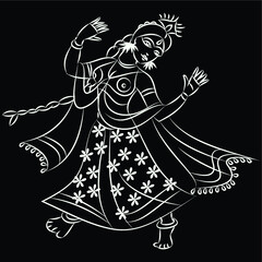 Gopika or Sevika, lord's servant's drawn in Indian folk art form Kalamkari, for textile printing, coloring book, textile/ fabric prints, phone case, greeting card. logo, calendar