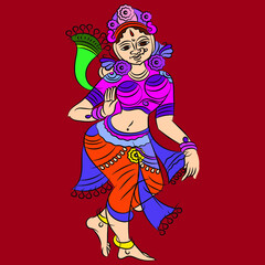 Gopika or Sevika, lord's servant's drawn in Indian folk art form Kalamkari, for textile printing, coloring book, textile/ fabric prints, phone case, greeting card. logo, calendar