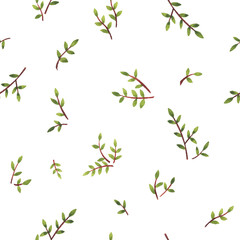 Floral seamless pattern with small green twigs for fashion fabric. Ditsy print. Watercolor hand drawn painting illustration isolated on white background