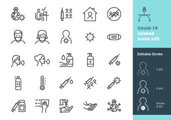 Covid-19 related icons. 25 different coronavirus, flu, sickness, medical and health and home working in lockdown graphic elements. Thin outline minimal illustrations.