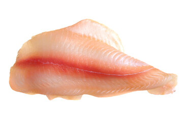 Pangasius fish fillet, pieces on a green lettuce leaf. Isolated on a white background. Fresh Fish Fillet.