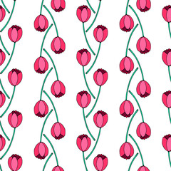 Vector seamless pattern with red tulip flowers. Hand drawn doodle spring texture, background. For wrapping paper, textile, greeting card, wedding, birthday, mother's or women's or Valentine's Day