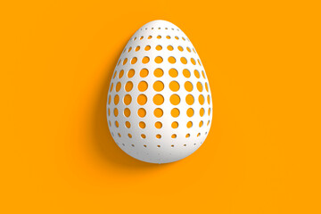 Easter concept. One single white egg with geometric original carved changing patterns on the surface on an orange background. 3d illustration