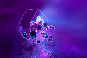 Abstract modern neon ultraviolet three-dimensional background, a lot of cubes flying in an explosion in motion from a huge cube lying on the shiny floor. 3d illustration