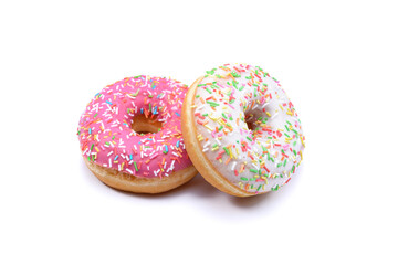 glazed doughnuts with bright colored sprinkles,isolated on a white background