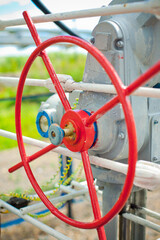 Oil and gas field. Gate valves that control the flow of gas from wells