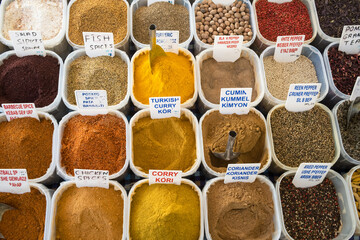 Variety of spices on traditional turkish market