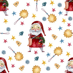 watercolor pattern with cookies and santa claus