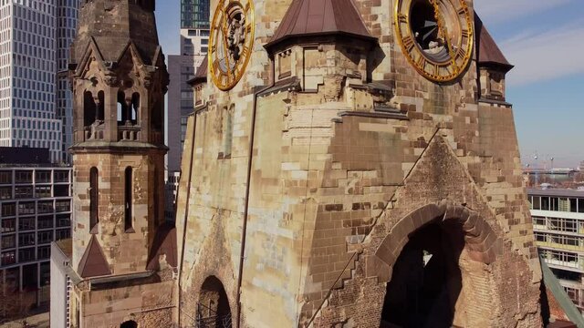 Famous Kaiser Wilhelm Memorial Church in Berlin. Amazing drone footage