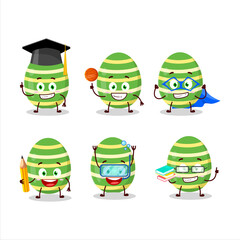 School student of green easter egg cartoon character with various expressions