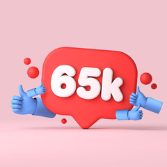 65 thousand followers social media banner thumbs up. 3D Rendering