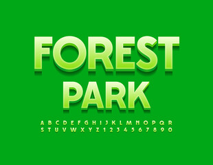 Vector Green Emblem Forest Park. Modern 3D Fonts. Glossy Alphabet Letters and Numbers.