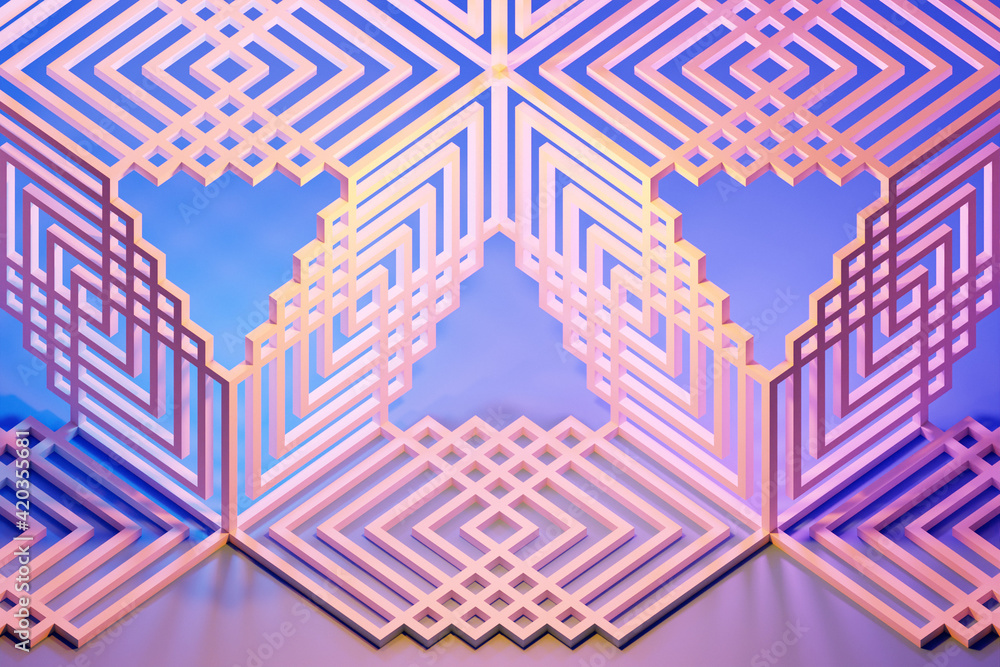 Poster 3d illustration of rows of yellow shapes and stripes.parallelogram pattern. technology geometry back