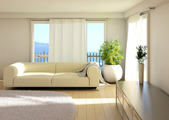 Home interior with sofa and panoramic windows. Carpet on a parquet floor. 3D rendering.