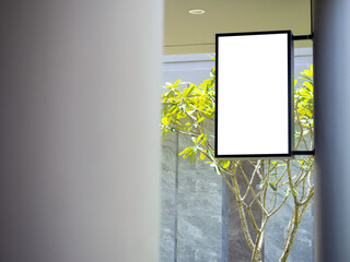 Blank hanging sign board or light box showcase with black frame.