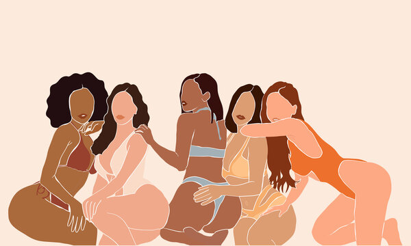 Multi-ethnic beauty. Group of abstract women of different race in swimsuits standing together and laughing against pastel background. Body positive. Flat vector illustration
