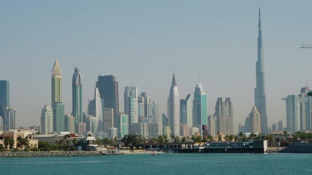 Panorama Of Dubai Skyline With Famous Burj Khalifa Skyscraper In Dubai, UAE, Middle East. - wide shot