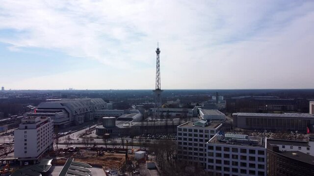 Exhibition grounds and International Conference Center Berlin with radio tower. Amazing drone footage