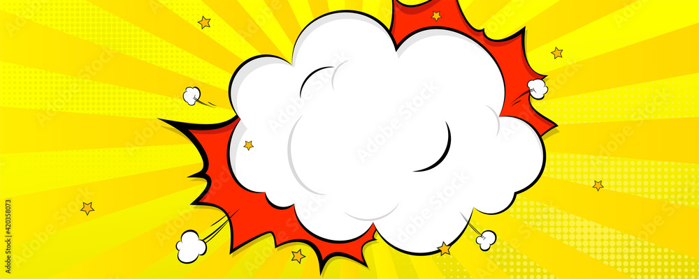 Aufkleber background in comics book style. speech bubble, trace of exploding, clouds and stars. vector illustr