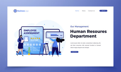 Flat illustration of human resources department with employee evaluation on landing page concept