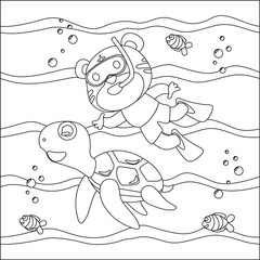 Vector cartoon illustration of little tiger and turtle, with cartoon style Childish design for kids activity colouring book or page.