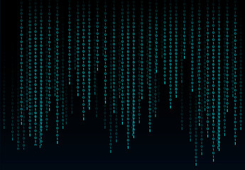 Abstract Digital binary code background with 0 and 1 digit. data security and software programming.  binary codes lines failing down in blue dark background  - obrazy, fototapety, plakaty