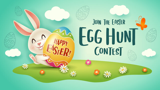 Happy Easter egg hunt contest. Easter festival background with bunny and eggs on grass.