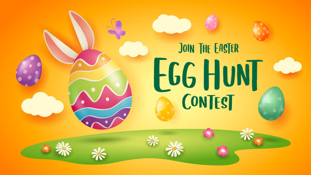Happy Easter egg hunt contest. Easter festival background with bunny and eggs on grass.