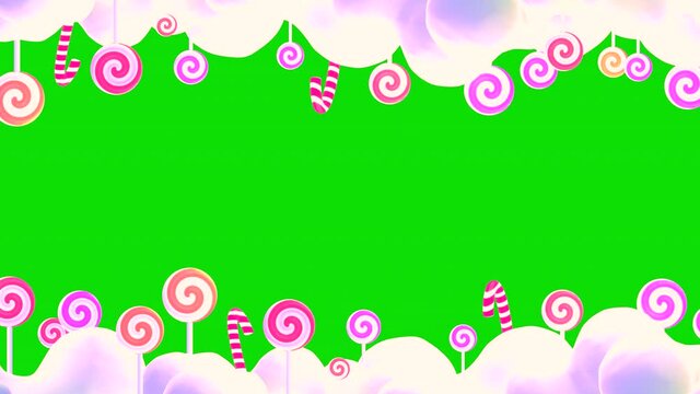 Looped cartoon sweet lollipop candy land on green screen background animation.