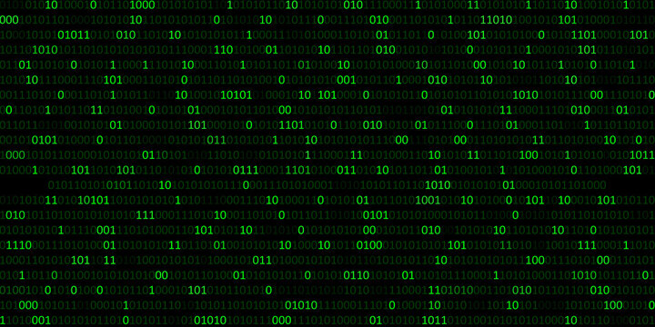 Abstract green binary code background with 0,1 digit in dark background. Number light with different opacity, futuristic computer digital illustration 