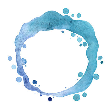 Blue Ocean Splash Wreath Frame Watercolor Hand Painting For Decoration On Summer Holiday And Water Theme Concept.