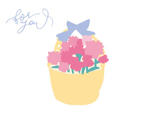 手書き　花束　薔薇　メッセージ　カゴに入ったカーネーション　カーネーション　Handwritten bouquet, rose message, carnation in a basket, carnation
