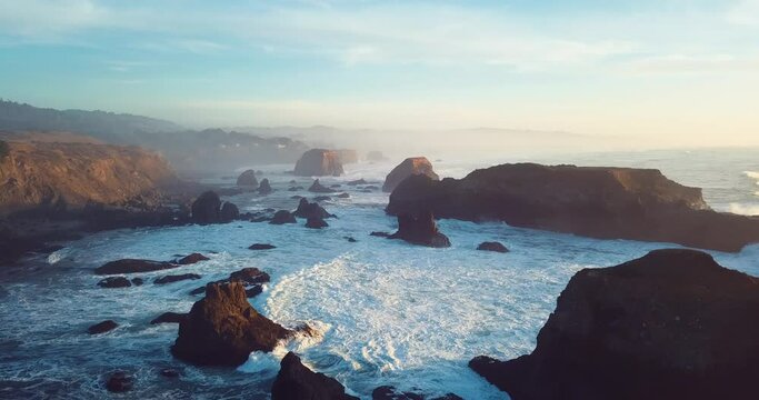 Mendocino, California. Spectacular Aerial Drone of California Coast Line and Pacific Ocean at Sunset, Fort Bragg in Northern California, USA. Numerous angles. 4k HD resolution.